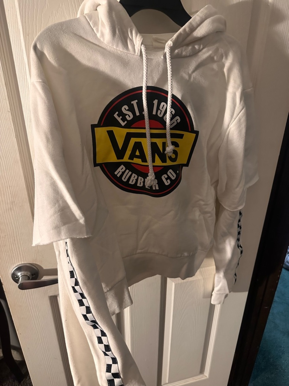 Vans White Hoodie with Yellow Logo and Checker Sleeve Hoodie